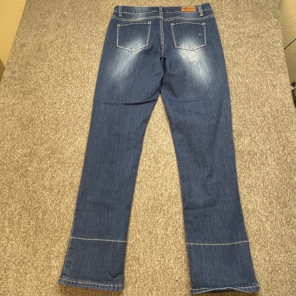 L&B Baseball Patch Distressed Jeans Womens 14 Medium Wash Straight‎ Leg Stretch - Picture 10 of 11